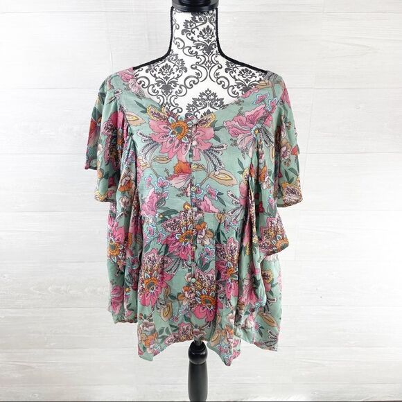 Haute Hippie Tribe Karen Floral Flutter Sleeve Peasant Top - Picture 3 of 10